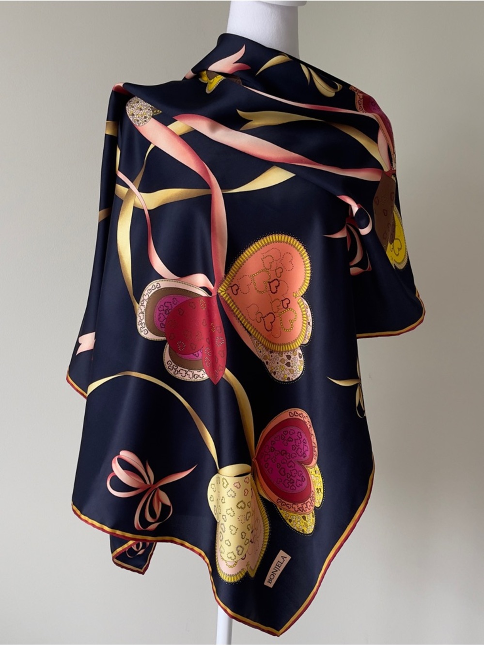 SatinHeart Print Scarf - Navy with Pink & Gold Accents EUC